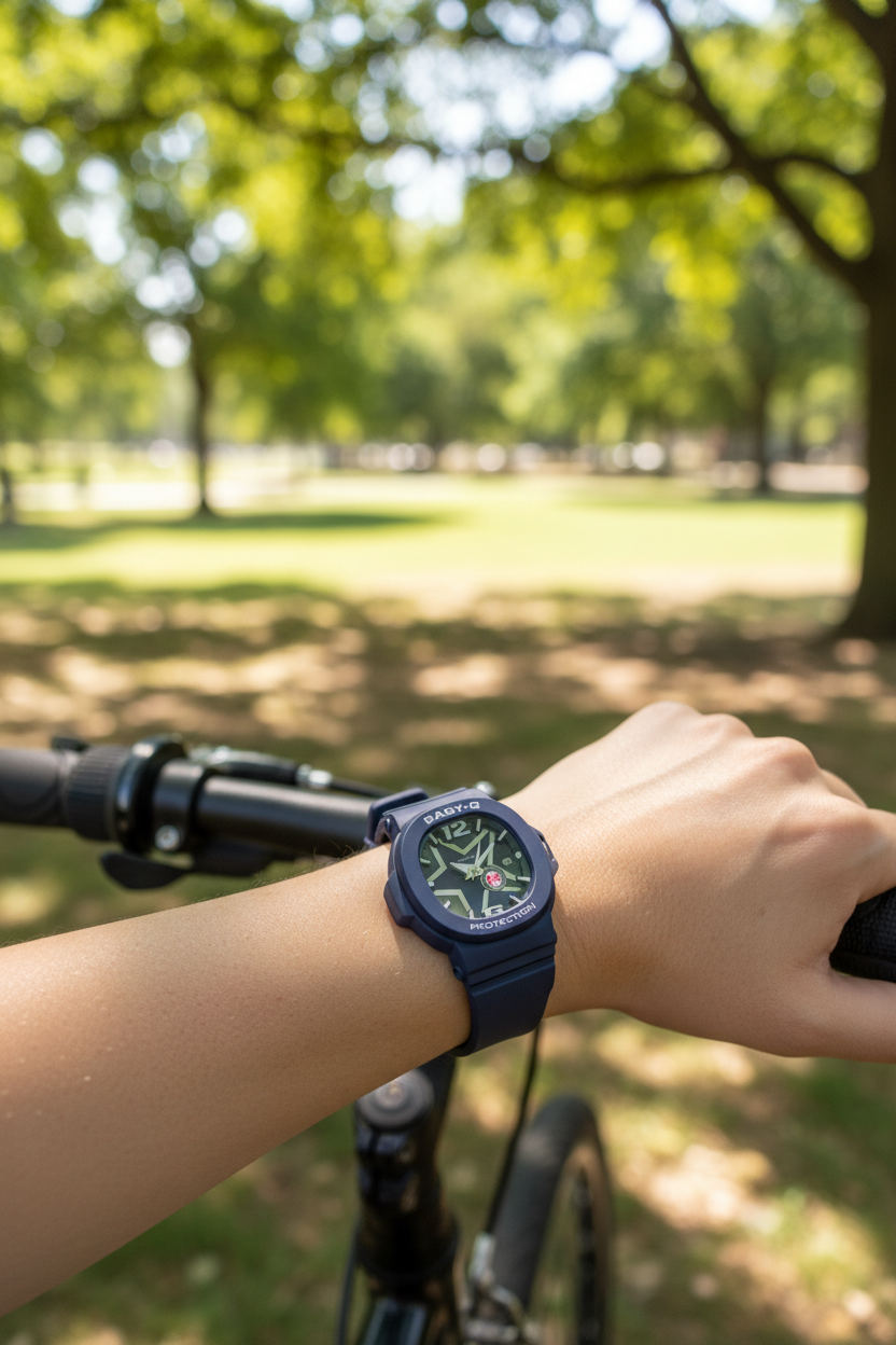 Reloj Casio Baby-G BGA-10D-2A1DR lifestyle con bicicleta